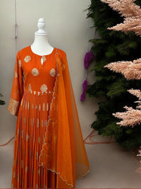 Delicious Bright orange Banarasi soft Georgette Kurta Set