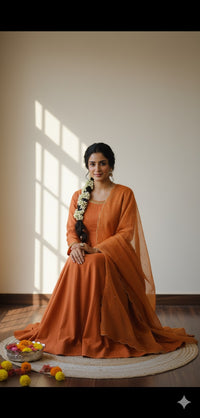 Burnt Orange mul Chanderi Anarkali Angarkha Kurta Set