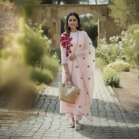 Pastel pink Mul Chanderi Embroidery Kurta set(Luxe’26)
