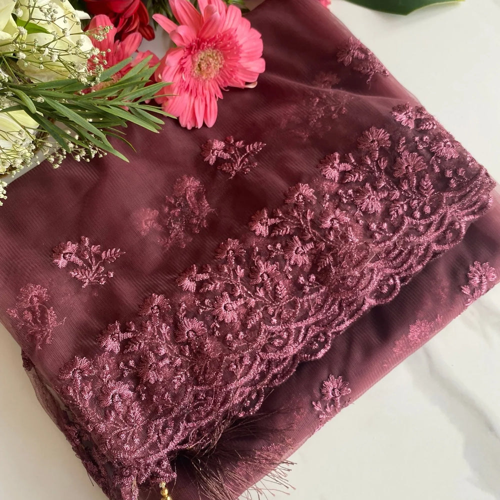 
                  
                    Plum net Scallop Dupattas - The Story Kameez
                  
                